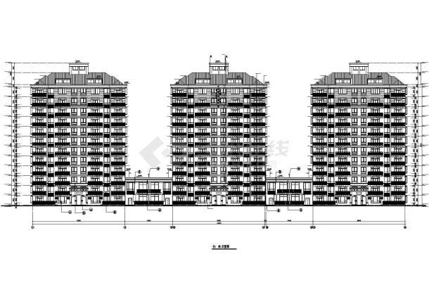北京某小区三栋12层框架结构组合式商住楼立剖面设计CAD图纸-图二
