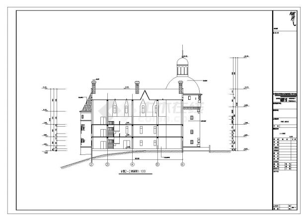 本工程为经典古城堡建筑套图,包含屋顶建筑平面图,轴线建筑立面图