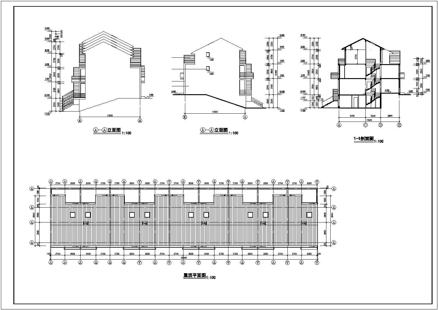 某别墅区4层九户组合式别墅楼建筑设计CAD图纸（含车库层）