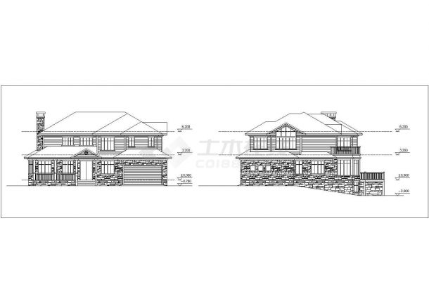 423平米2层砖混结构独栋乡村别墅平立面设计CAD图纸（含地下室）-图二