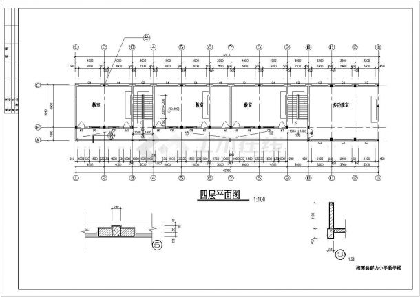 湘潭县某四层砖混结构小学教学楼建筑工程设计CAD图（含建筑构造说明）-图二