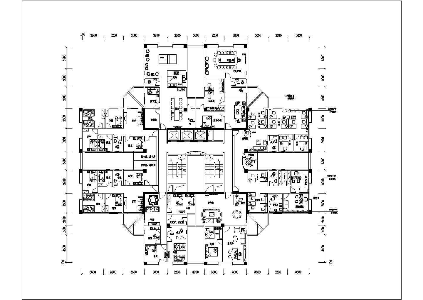 重庆市某高层住宅楼的标准层平面施工设计CAD图纸（1层8户）