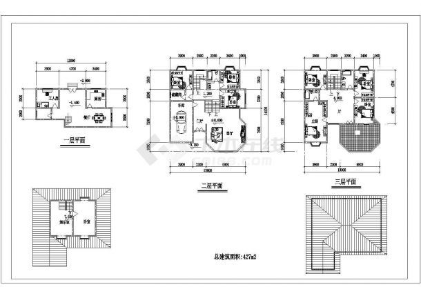 427+377平米两套3层砖混结构独栋高档别墅平面设计CAD图纸-图二