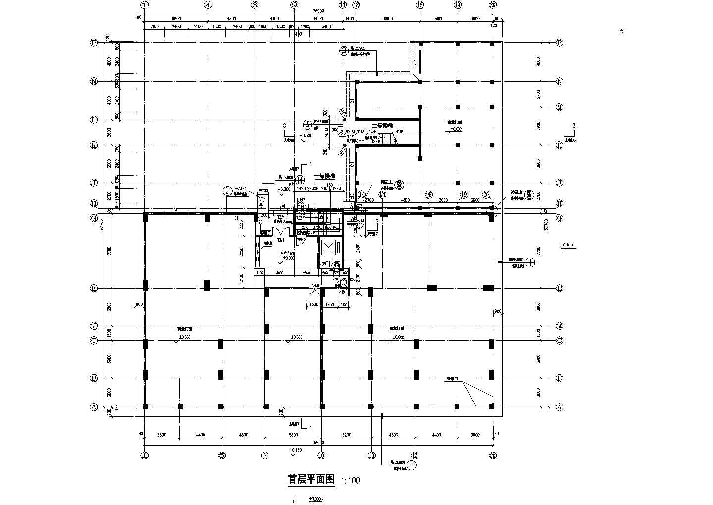 8200平米13层框架结构住宅楼建筑设计CAD图纸（底层商铺）