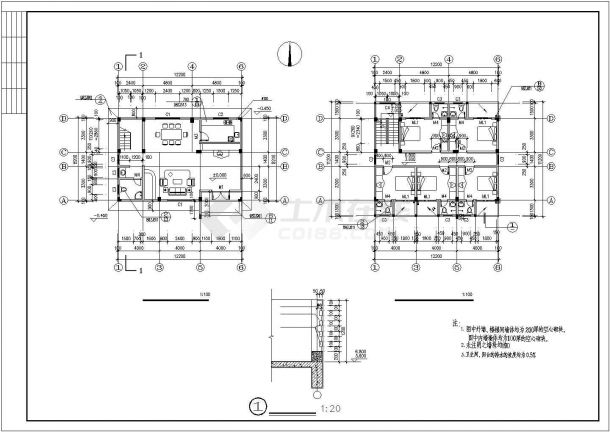 450平米局部4层框架结构独栋乡村别墅建筑设计CAD图纸（含结构图）-图二
