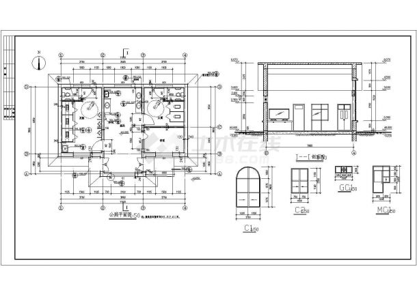 某长11.1米 宽7.8米 1层81.98平米砖混结构公园公厕CAD建施图【3个轴立面 屋顶平面 设计说明 公厕平面 1剖面图】-图二