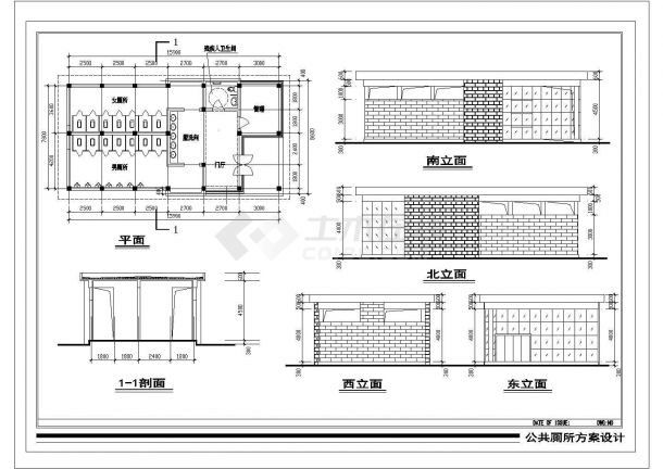 某长15.9米 宽8.6米 1层风景区公厕建筑CAD方案设计图【平面图 4个立面图 1个剖面图】-图一