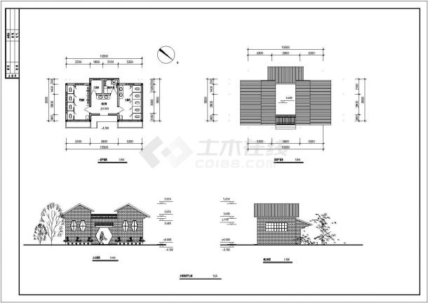 某长10.5和10.74米 宽5.8和5.34米 两个1层公厕建筑CAD施工图【一层平面 屋顶平面 立面 剖面 节点详图】-图二