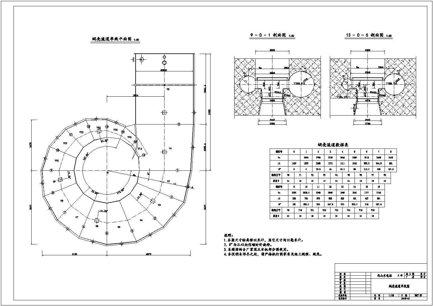 [黑龙江]水电站立式机组蜗壳式引水室CAD配筋图（图表详细）