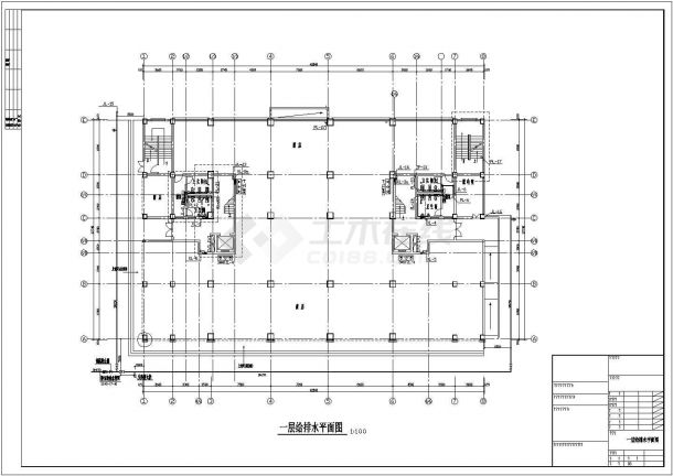某长42.84米 宽27.74米 地下1地上12层商住楼给排水CAD设计（说明 各层给排水平面 给排水消火栓水泵系统图 一二层喷淋平面图 泵房大样）-图一