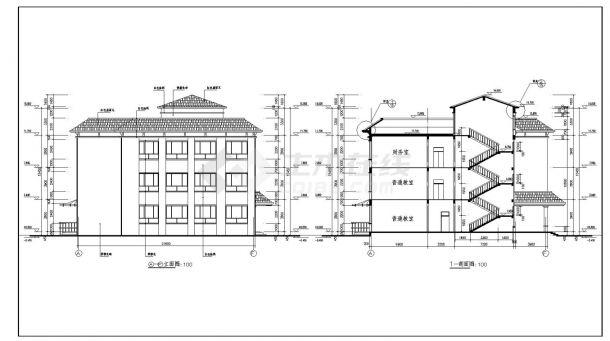 某地坡屋面三层小学教学楼建筑施工cad图纸-图一