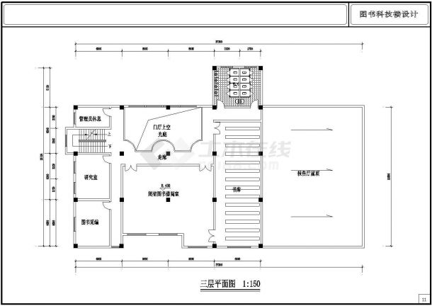 某城市民办中学三层图书科技楼建筑设计CAD图（含平立剖）-图二