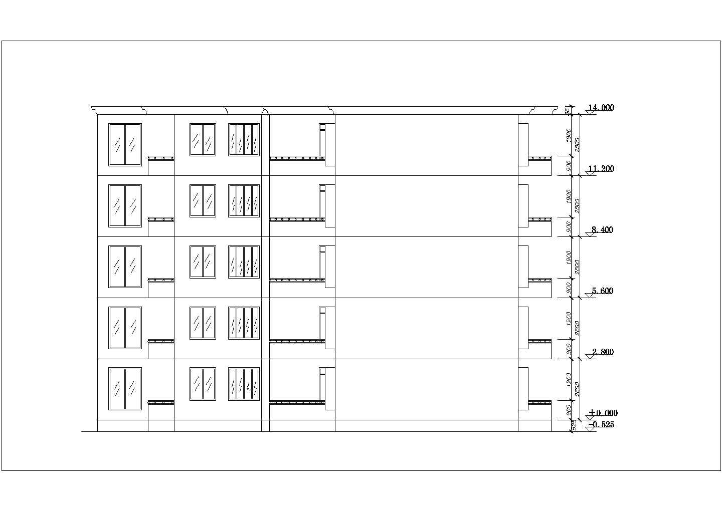 1100平米五层砖混结构住宅楼建筑设计CAD图纸（1层2户）