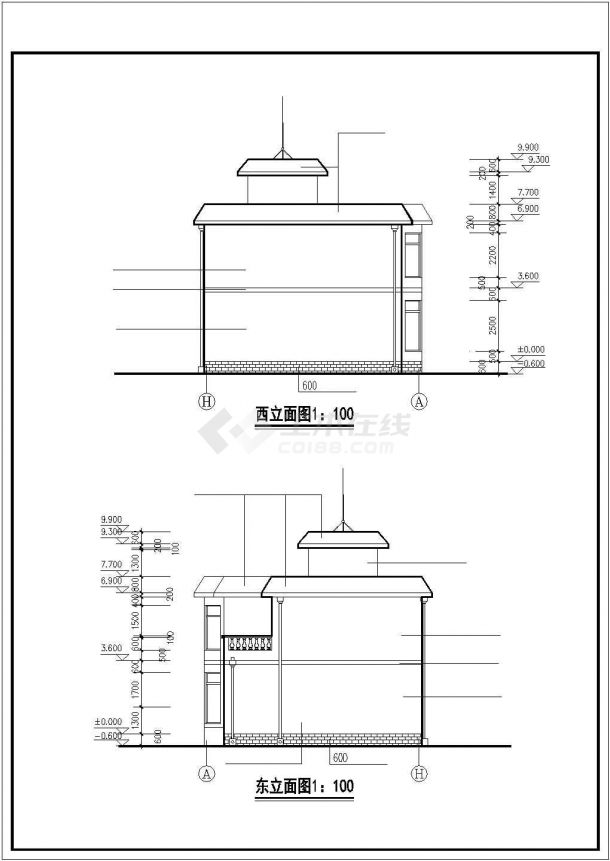 汾阳市某村镇264平米2层砖混结构单体别墅建筑设计CAD图纸-图二