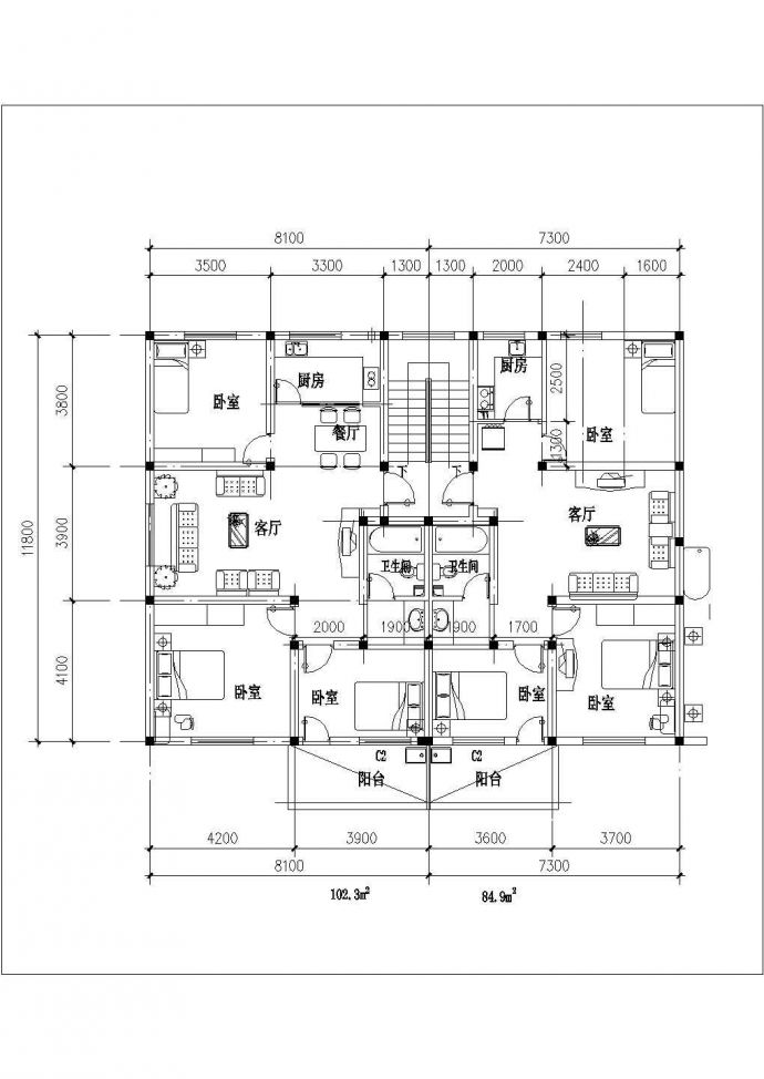 芜湖市安宇花园小区80-120平米的热门户型设计CAD图纸_图1