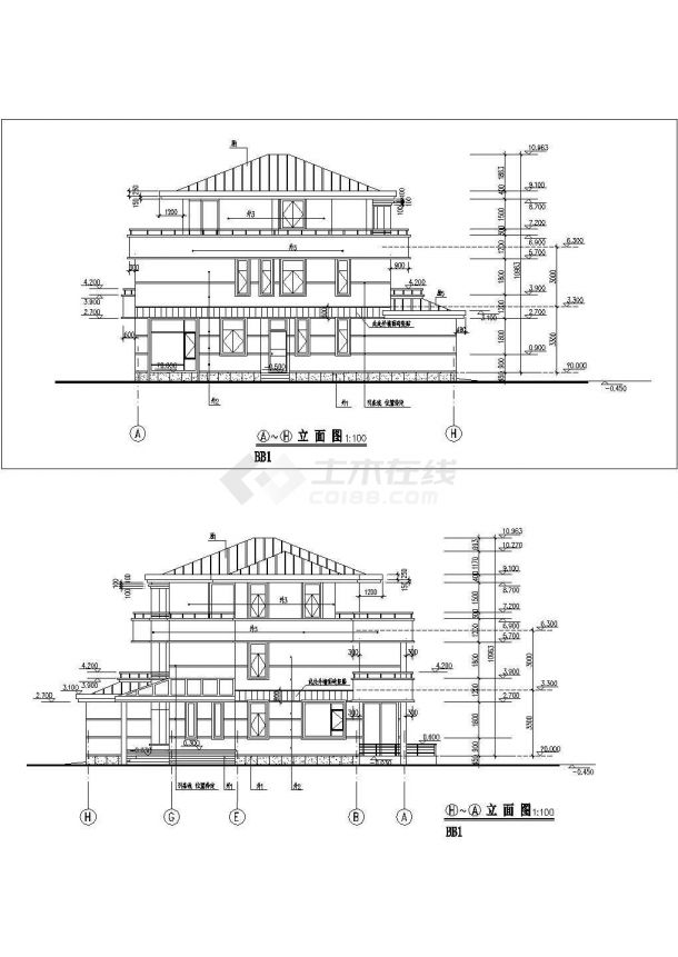 深圳市万景花园别墅区3层框混结构独栋单体别墅平立面设计CAD图纸-图一