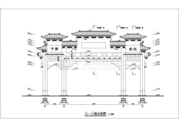 盐城市某休闲风景区入口的仿古牌楼建筑设计CAD图纸-图二