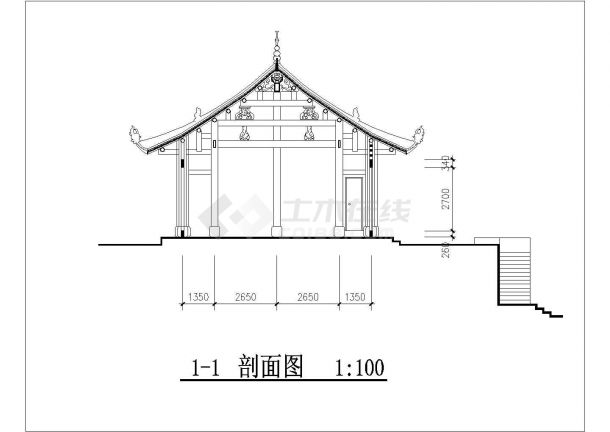 武汉市某寺庙内部仿古大殿建筑施工设计CAD图纸-图二