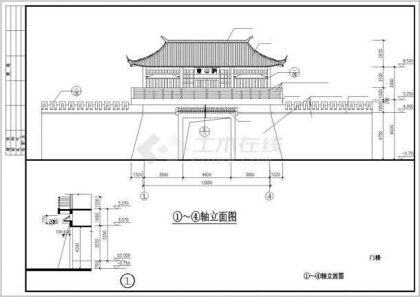 济南市某风景区2层框混结构入口山门建筑设计CAD图纸-图二