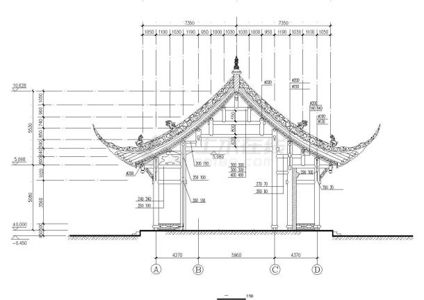 佛山市某现代化村镇单层自建仿古庙宇建筑设计CAD图纸-图二