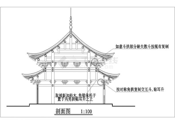 某寺庙占地100平米仿古大殿建筑设计CAD图纸（2套方案）-图二
