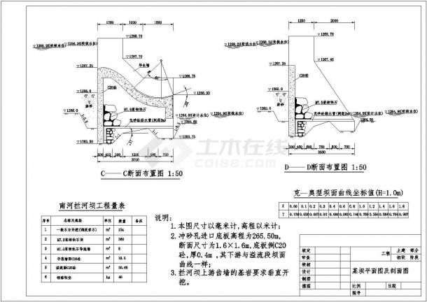 四川某地山区小型重力坝全套施工设计cad图纸(含取水溪坝平面图)-图二