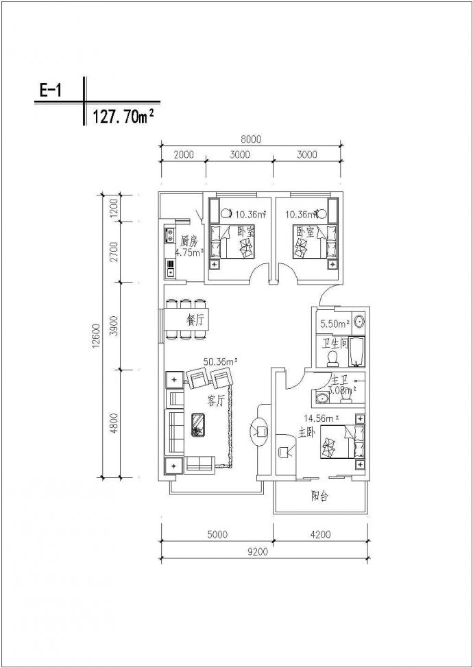 某地方整套住宅户型CAD平面布置参考图_图1