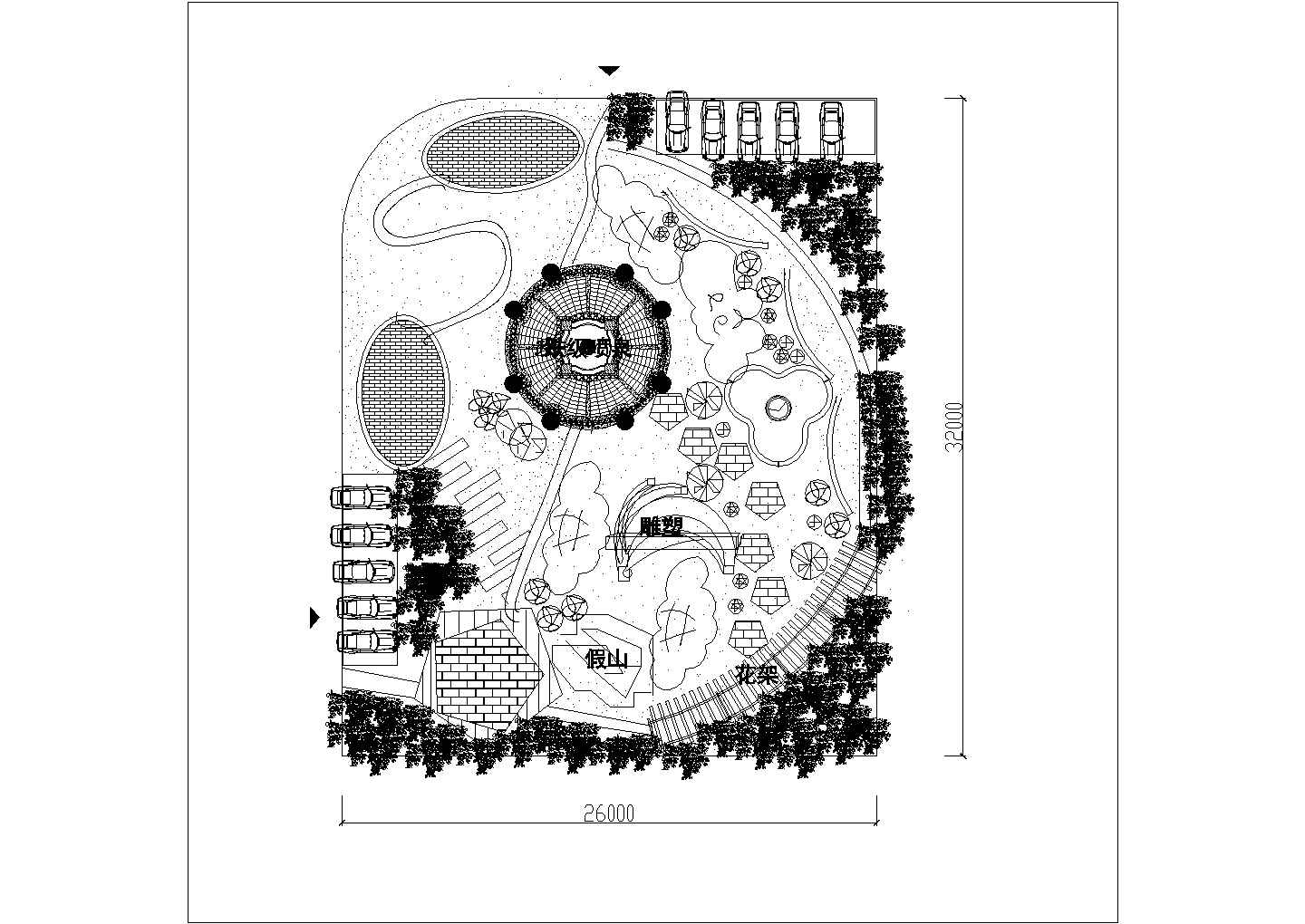 某32x16m别墅区小公园景观绿化设计cad施工平面图