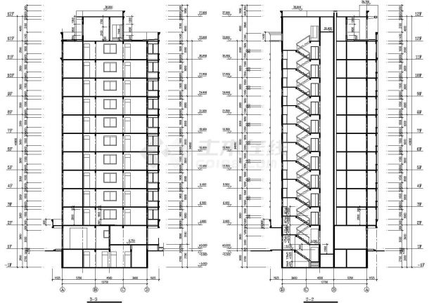 保定某小区11层框架结构住宅楼立剖面设计CAD图纸（含机房和车库层）-图一