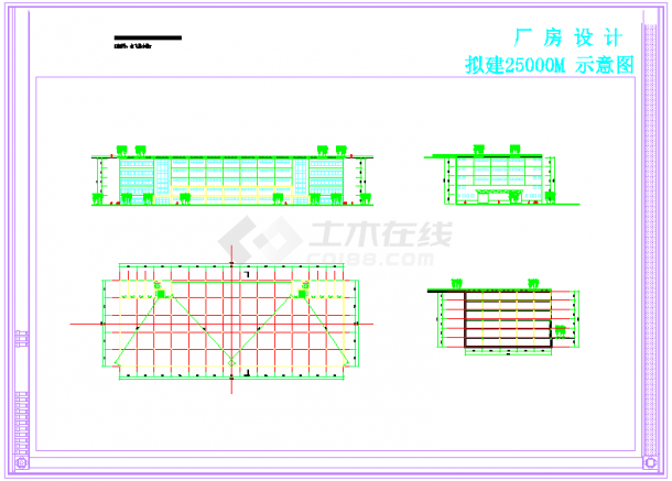 长101.4米 宽39米 拟建25000平米一层厂房设计cad示意图纸-图一