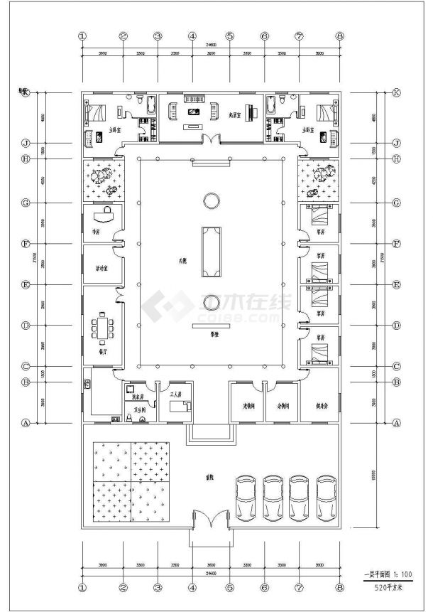 某带有活动室的郊区四合院建筑设计CAD施工图纸-图二