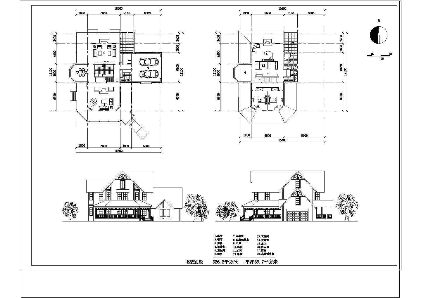 唐山市326.2平方二层欧式M型别墅施工图含效果图