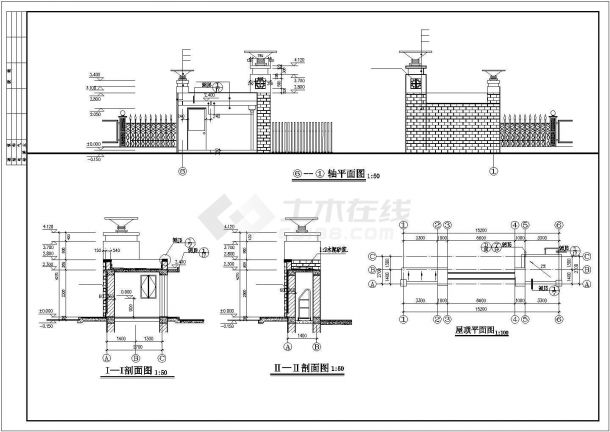 某市中心住宅小区大门方案设计施工CAD图纸-图二