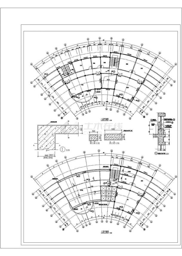 厦门市某居住区1100平米3层扇形框架结构业主会所建筑设计CAD图纸-图二
