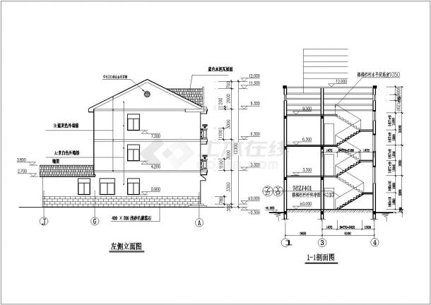 280平方米三层新农村住宅单体方案设计cad图，共六张-图二