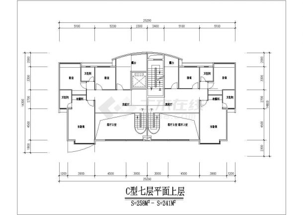 长沙市芙蓉北路某小区7层砖混结构住宅楼平面设计CAD图纸-图一