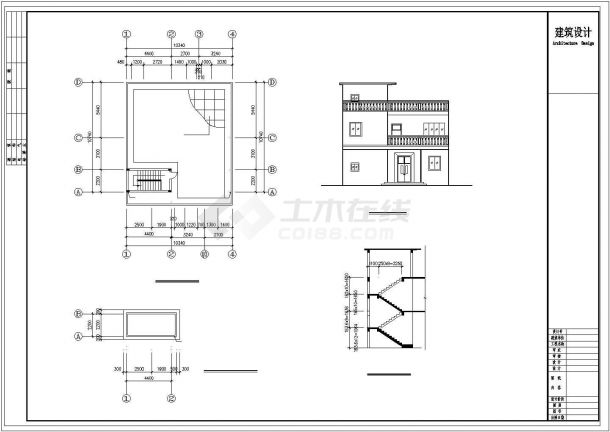 2层：长10.74米 宽10.34米 新农村住宅建筑设计图【CAD平立 楼梯剖面 建筑用料说明】-图一