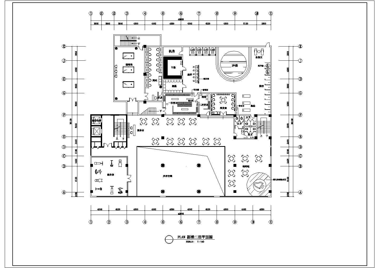 某焦作大厦酒店CAD设计副楼一二层平面图