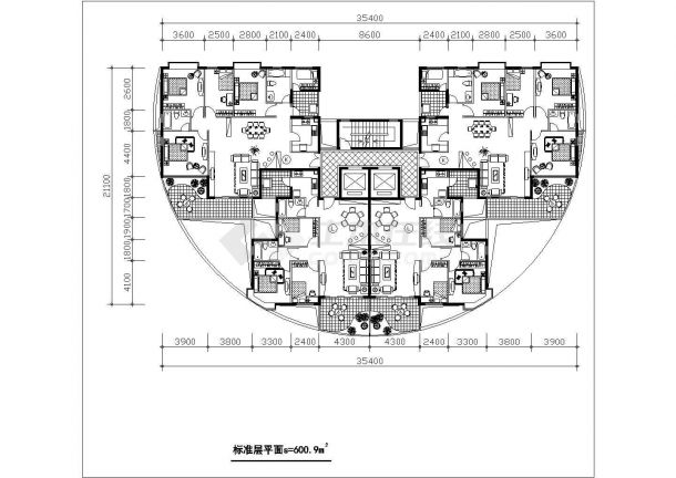 沈阳万国墅小区住宅600平标准层对称户型设计CAD图纸（1梯4户）-图一