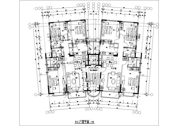 兰州堡头小区住宅每户120平对称户型设计CAD图纸（1梯2户）-图一
