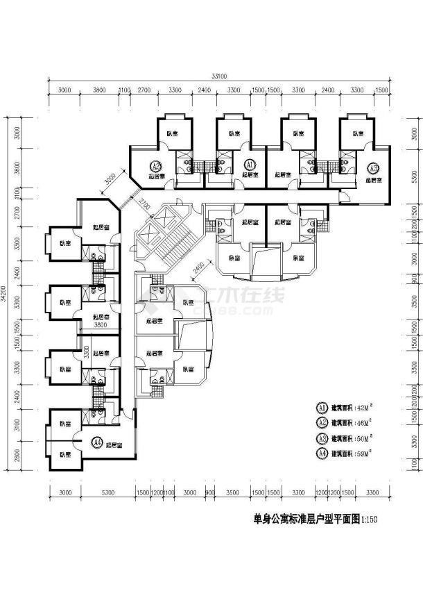 某单身公寓标准层详细方案设计施工CAD图纸-图一