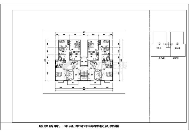 长春御窑花都小区住宅每户120平对称户型设计CAD图纸（1梯2户）-图二