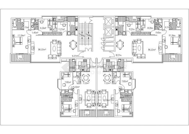 南京百旺家苑小区83+120平标准层对称户型设计CAD图纸（1梯4户）-图一
