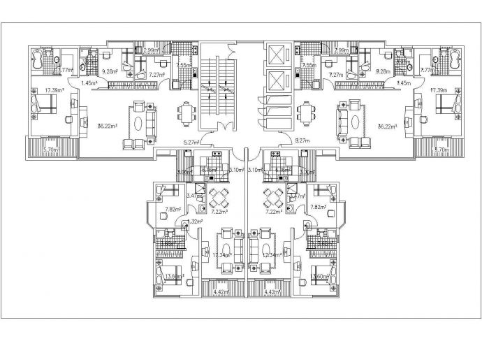 南京百旺家苑小区83+120平标准层对称户型设计CAD图纸（1梯4户）_图1