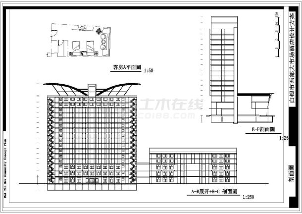 某市大酒店设计CAD方案图立面剖面图-图一