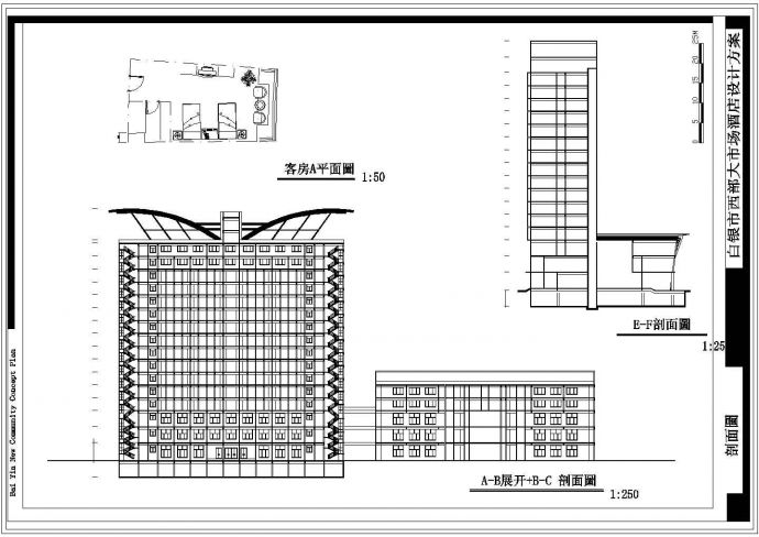 某市大酒店设计CAD方案图立面剖面图_图1