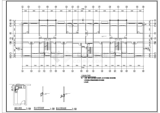 某地长47.8米 宽14.6米 6层住宅楼给排水设计CAD图-图二