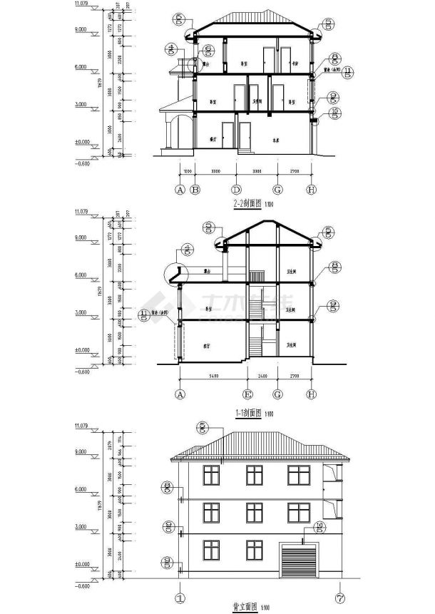 某三层砖混结构坡屋顶别墅建筑施工图带效果图-图一