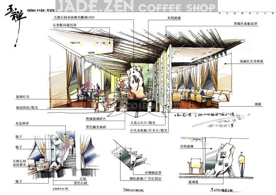 玉禅咖啡馆内部装修设计cad详细方案图（含JPG手绘效果图）-图二