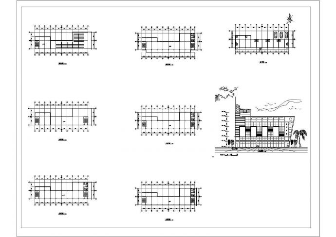 六层商业办公楼平立面建筑施工cad图，共八张_图1